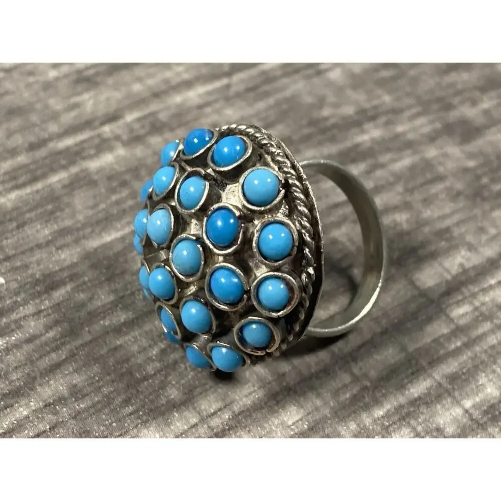 Vintage Atomic Sputnik Ring Blue Cabochon Cluster Silver Tone Size 6